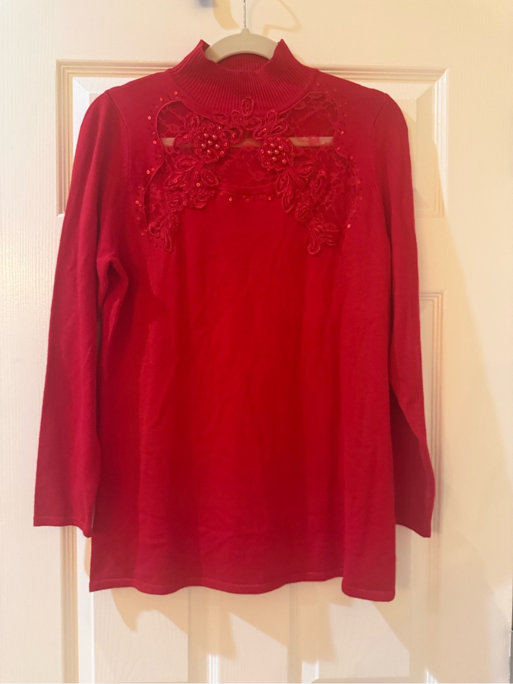 Denim 24/7 Red Long-Sleeve High Neck Sweater with Floral Appliqué and Beading